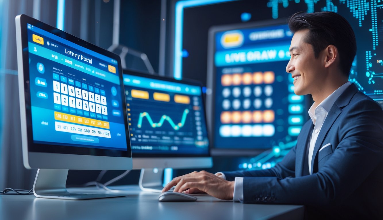 Seorang profesional menggunakan komputer dengan tampilan layar yang menampilkan angka undian langsung dan grafik dalam suasana kerja modern.