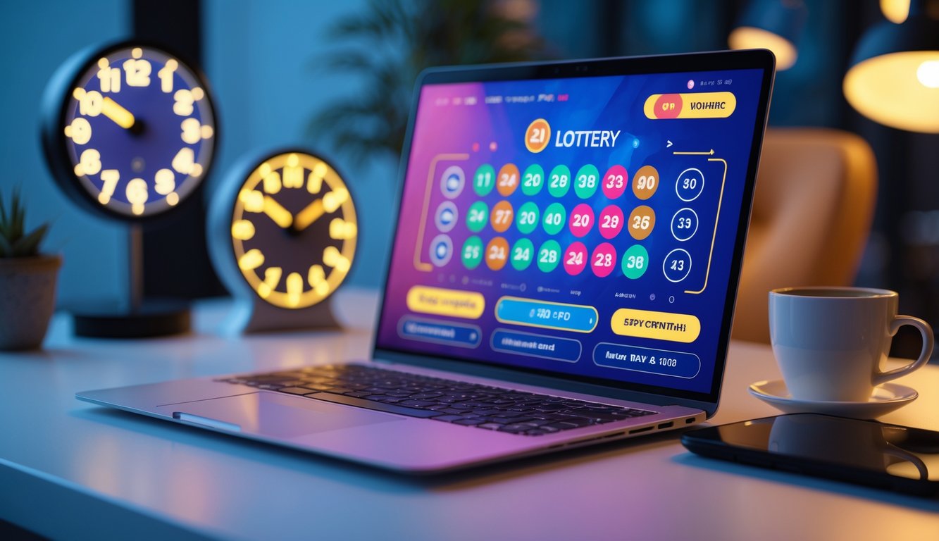 Perangkat digital menampilkan antarmuka togel online di atas meja dengan pencahayaan hangat dan elemen yang menunjukkan akses mudah sepanjang waktu.