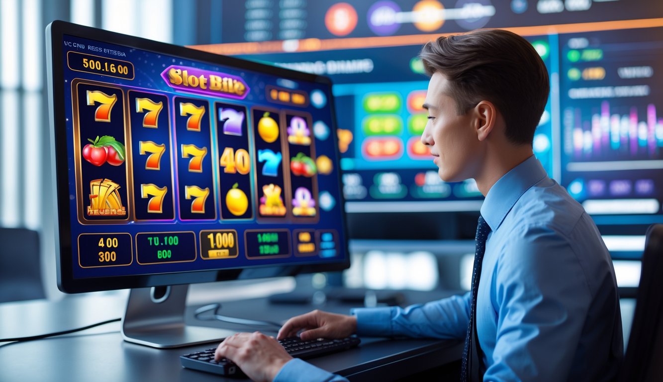 Seorang profesional menggunakan komputer dengan tampilan permainan slot online di layar dalam lingkungan kerja modern.