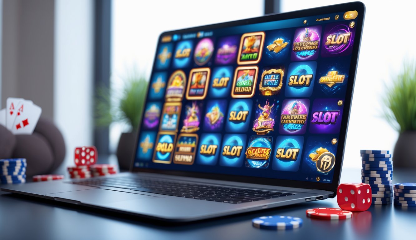 Layar komputer menampilkan berbagai permainan slot online dengan latar belakang bersih dan elemen permainan seperti chip poker dan kartu.