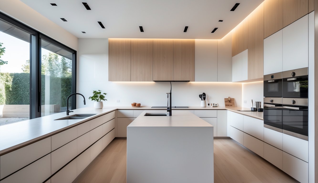 Dapur dengan meja tengah, kabinet putih, peralatan dapur modern, dan pencahayaan alami yang terang.