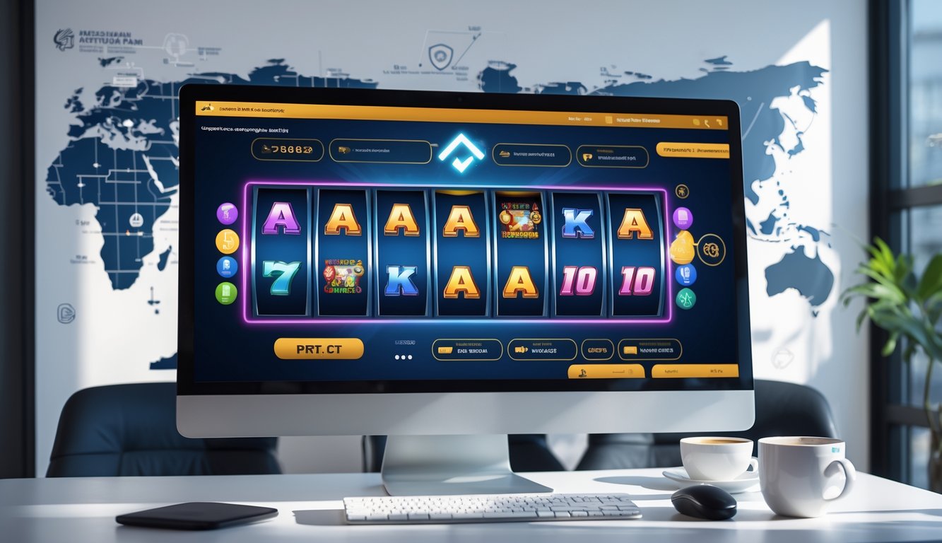Layar komputer menampilkan permainan slot online dengan simbol warna-warni di meja kerja yang rapi dan terang.