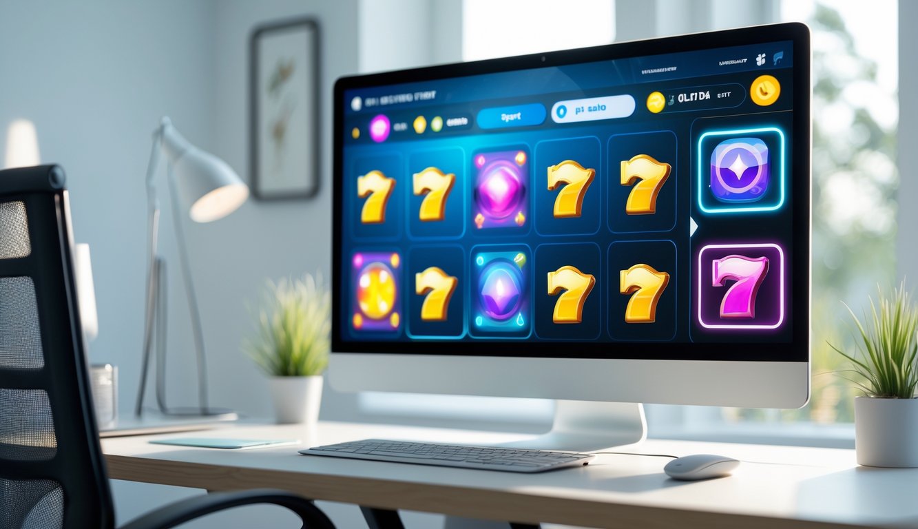 Tampilan layar komputer dengan antarmuka permainan slot online yang mudah dinavigasi di ruang kerja yang rapi dan terang.