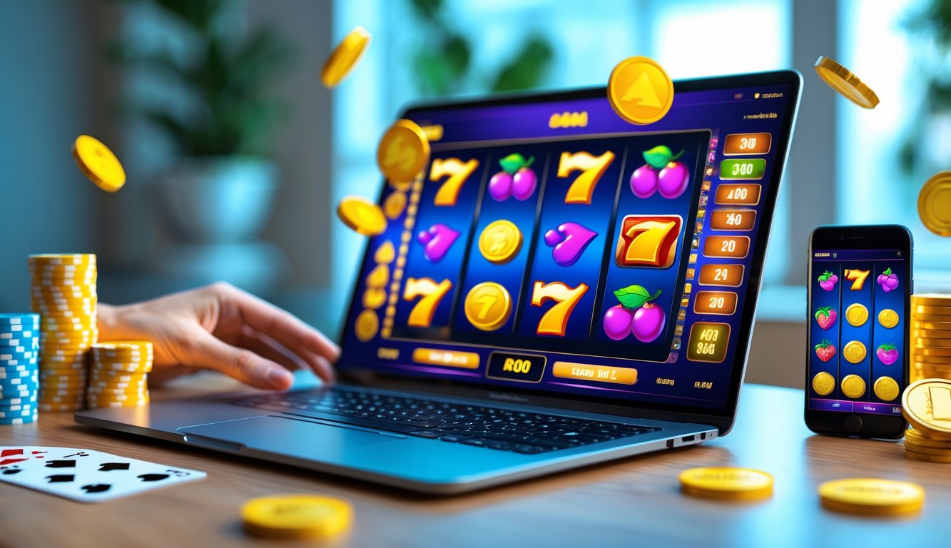 Seseorang sedang bermain permainan slot online di komputer dengan layar menampilkan gulungan slot berwarna-warni dan simbol keberuntungan.