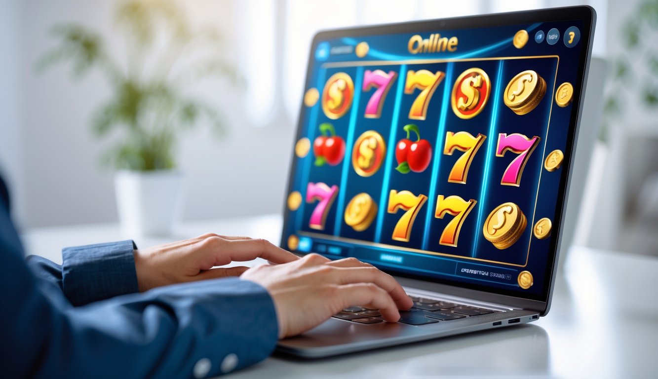Seseorang menggunakan komputer dengan permainan slot online berwarna cerah di layar.