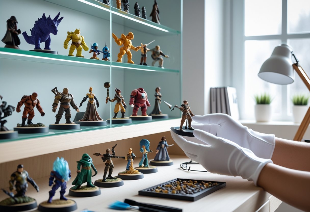 Un espace de collectionneur avec des figurines colorées exposées sur une étagère en verre, une personne manipulant une figurine avec des gants blancs dans une pièce lumineuse et bien organisée.