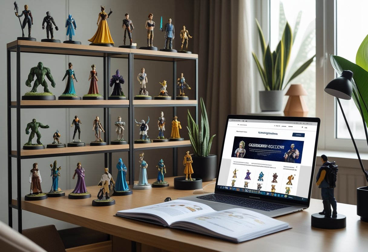 Un espace de travail organisé avec des figurines de collection exposées sur des étagères, un carnet ouvert et un ordinateur portable sur un bureau dans une pièce lumineuse.
