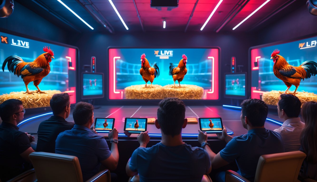 Suasana pertandingan sabung ayam digital dengan beberapa layar menampilkan pertandingan secara langsung dan penonton yang antusias mengamati.