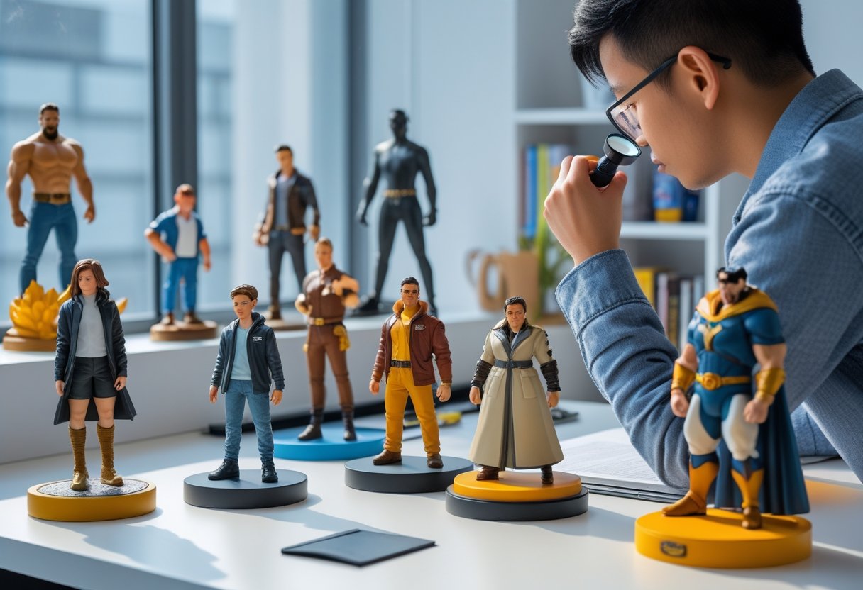 Un espace de collectionneur avec des figurines colorées exposées sur des étagères, une personne examinant une figurine de près dans une pièce bien éclairée.