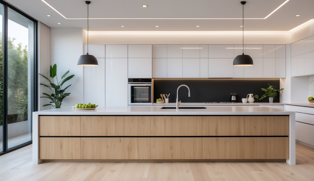Dapur modern dengan meja pulau besar, peralatan stainless steel, jendela besar, dan tanaman hias.