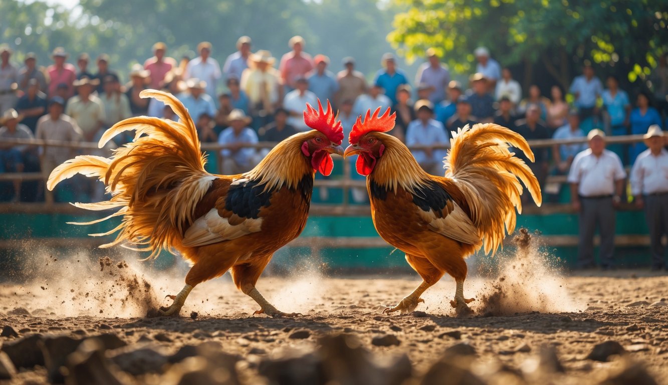 Dua ayam jago sedang bertarung di arena dengan penonton yang menyaksikan di latar belakang.