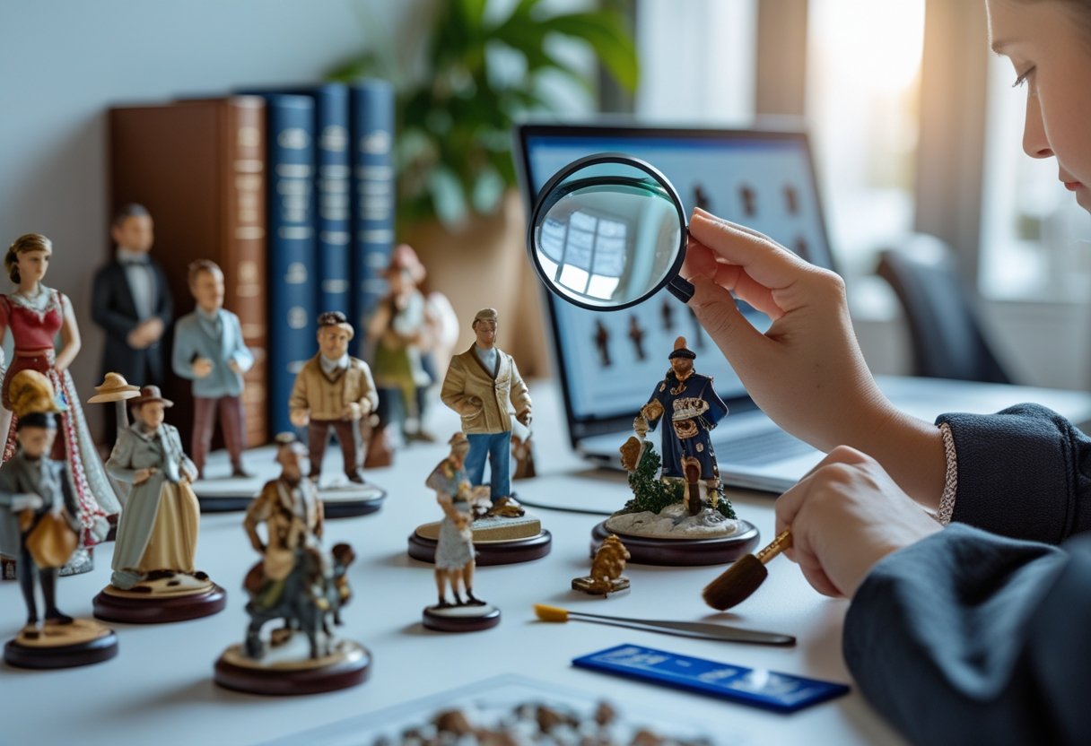 Une personne examine attentivement une figurine sur un bureau avec une loupe et des outils, entourée de plusieurs figurines et de livres de référence.