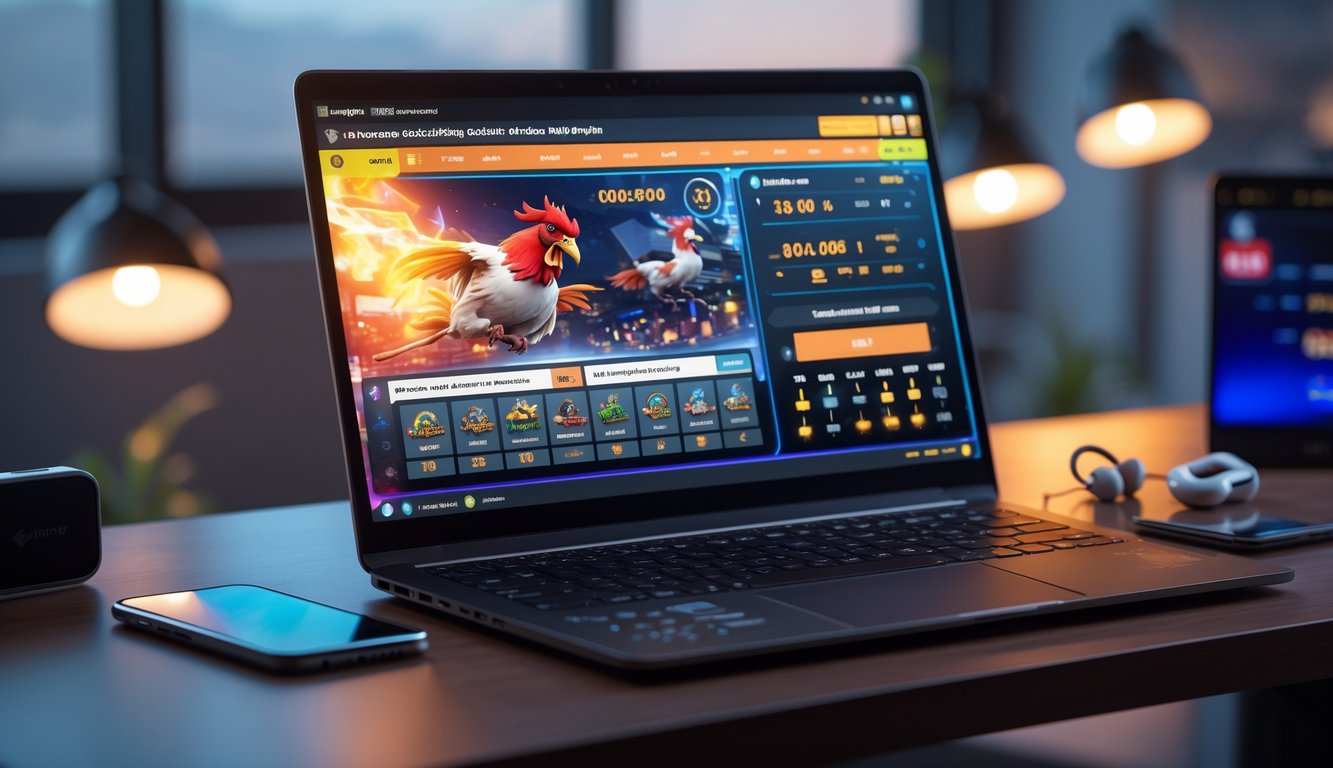 Layar laptop yang menampilkan arena sabung ayam online dengan pembaruan pertandingan cepat.
