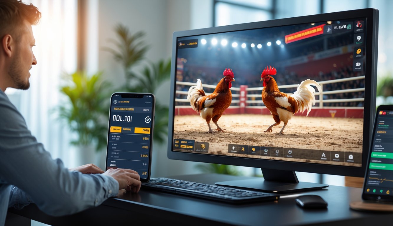 Seseorang sedang menonton siaran langsung sabung ayam online di komputer dengan layar menampilkan dua ayam jago bertarung.