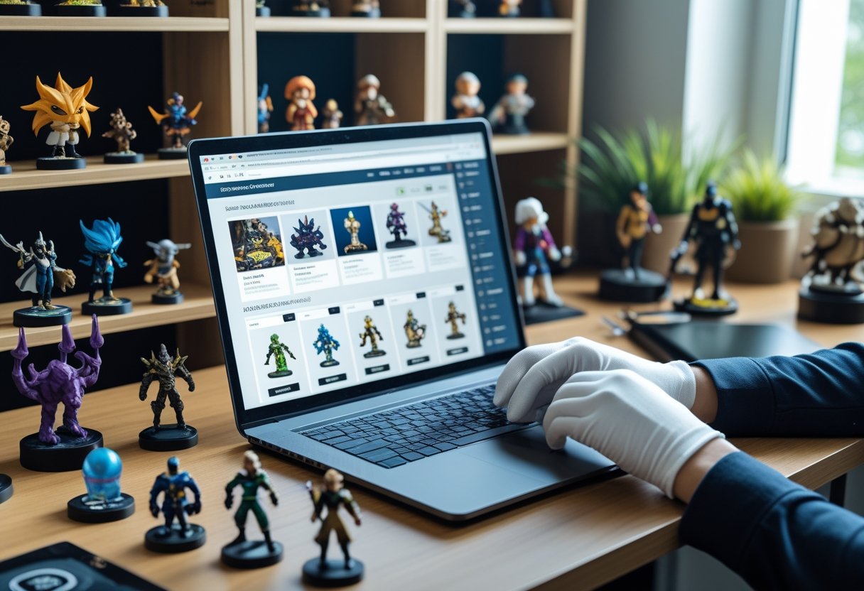 Un espace de travail avec des figurines de collection, un ordinateur affichant un site de vente en ligne, et une personne manipulant une figurine avec des gants blancs.