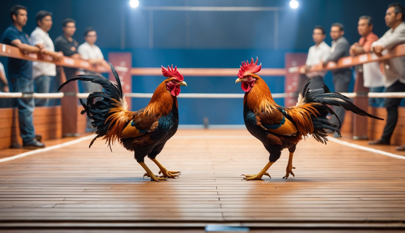 Arena sabung ayam dengan dua ayam jantan bertarung di tengah dan penonton yang memperhatikan dengan serius.