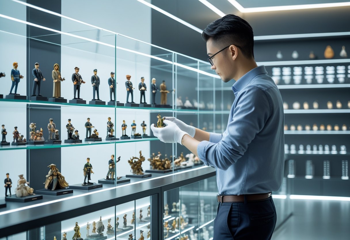 Une personne manipulant soigneusement une figurine devant des vitrines bien éclairées contenant une collection organisée de figurines dans une pièce moderne.
