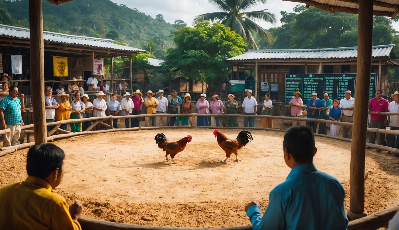 Arena sabung ayam tradisional dengan penonton yang antusias menyaksikan pertandingan ayam di luar ruangan.