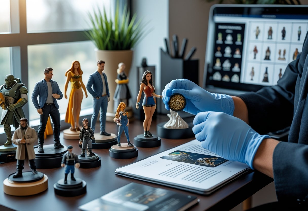 Un espace de travail organisé avec des figurines de collection exposées et une personne manipulant délicatement une figurine.