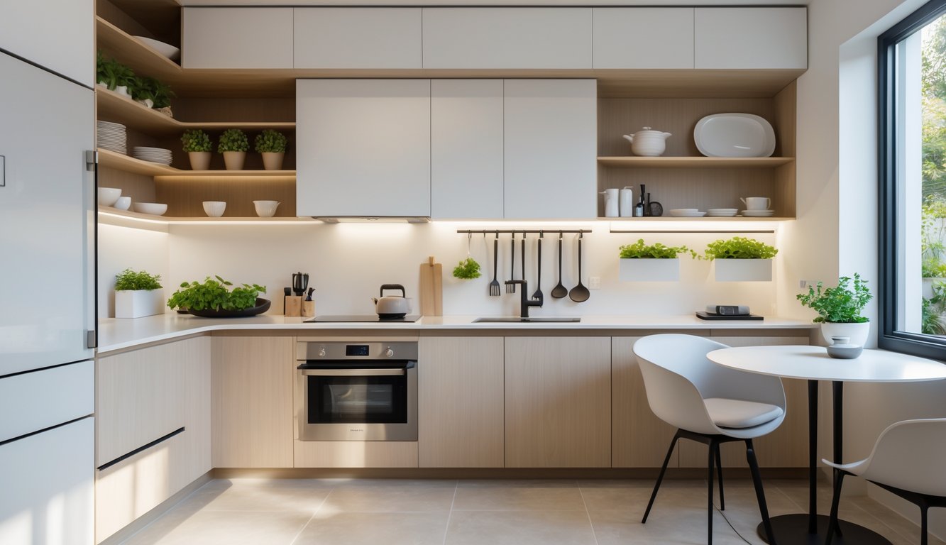 Dapur kecil yang rapi dan fungsional dengan peralatan modern, meja makan kecil, dan pencahayaan alami dari jendela besar.