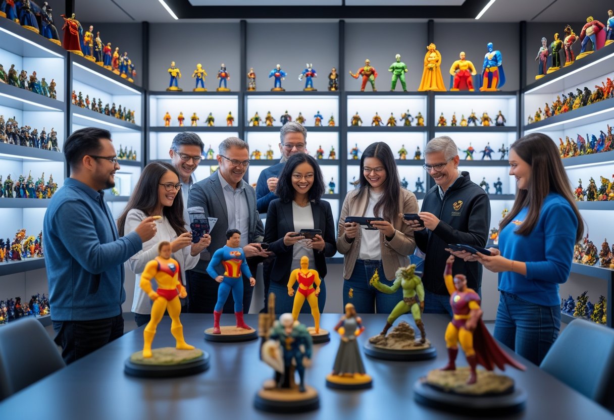 Un groupe de collectionneurs examinant et partageant des figurines dans une pièce lumineuse avec des étagères remplies de figurines variées.
