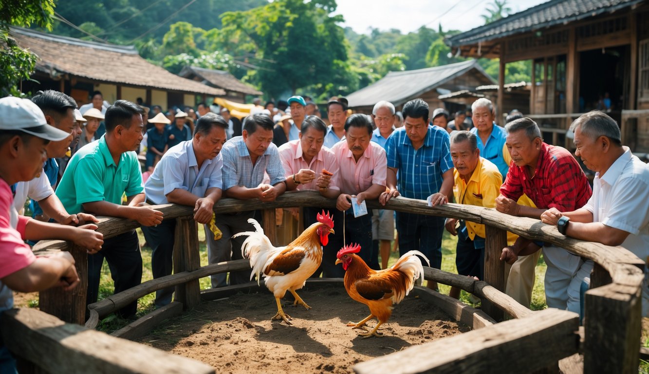 Sekelompok pria sedang menyaksikan pertandingan adu ayam di arena kayu di luar ruangan dengan latar belakang rumah dan pepohonan.