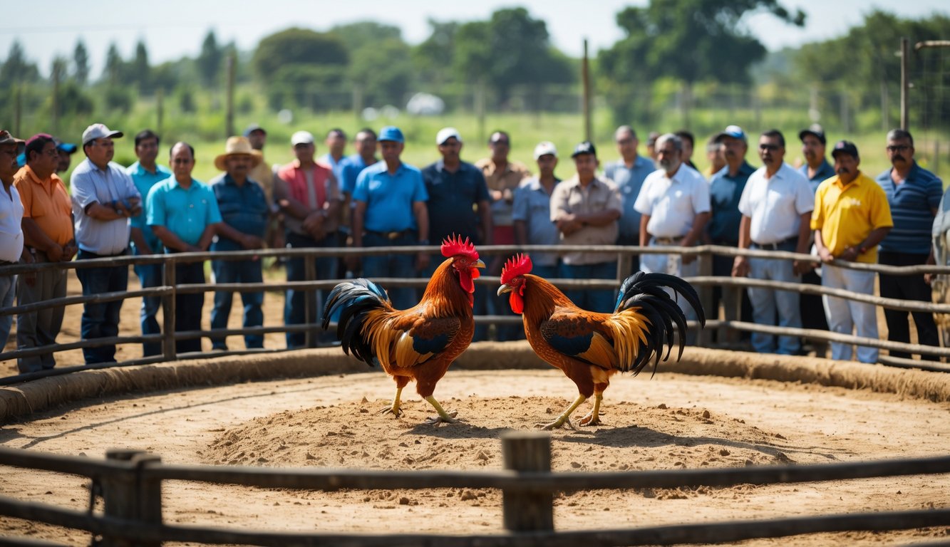Pertandingan sabung ayam profesional di arena outdoor dengan dua ayam jantan bertarung di tengah dan penonton mengamati di sekeliling.