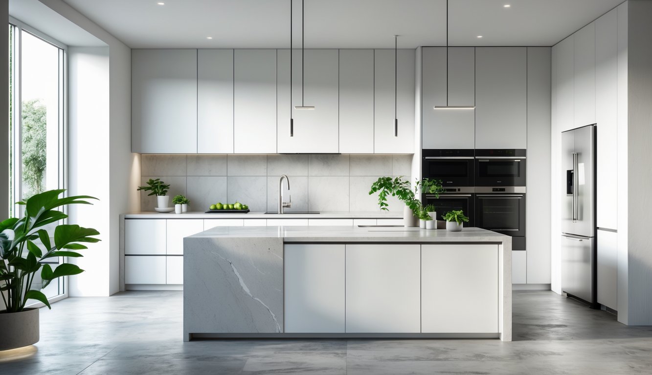 Dapur dengan meja tengah besar, lemari putih tanpa gagang, jendela besar, dan tanaman hias di sudut ruangan.