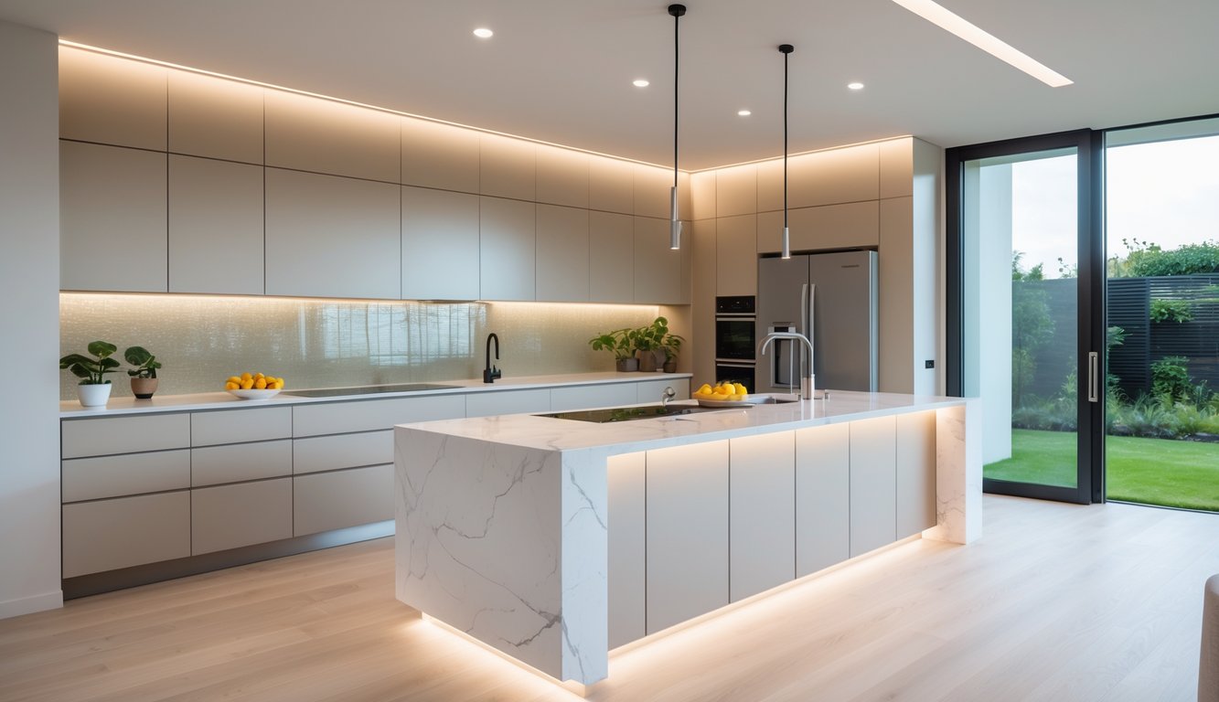 Dapur modern dengan meja pulau besar, jendela besar, dan peralatan stainless steel.