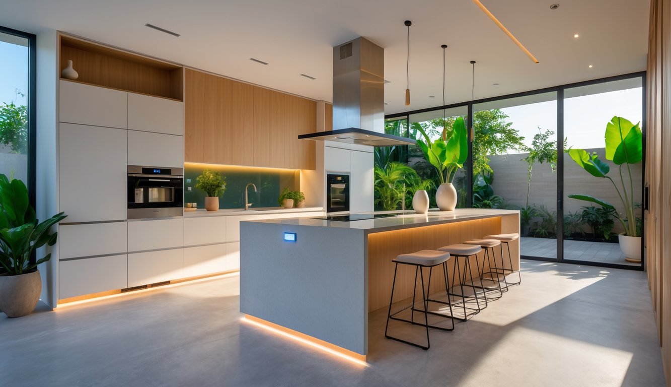 Dapur modern dengan desain minimalis, pulau dapur besar, jendela besar, peralatan dapur canggih, dan tanaman hijau di dalam ruangan.