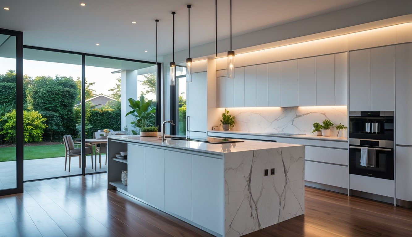 Dapur modern yang luas dengan pulau marmer besar, peralatan stainless steel, jendela besar, dan tanaman hijau di dalam ruangan.