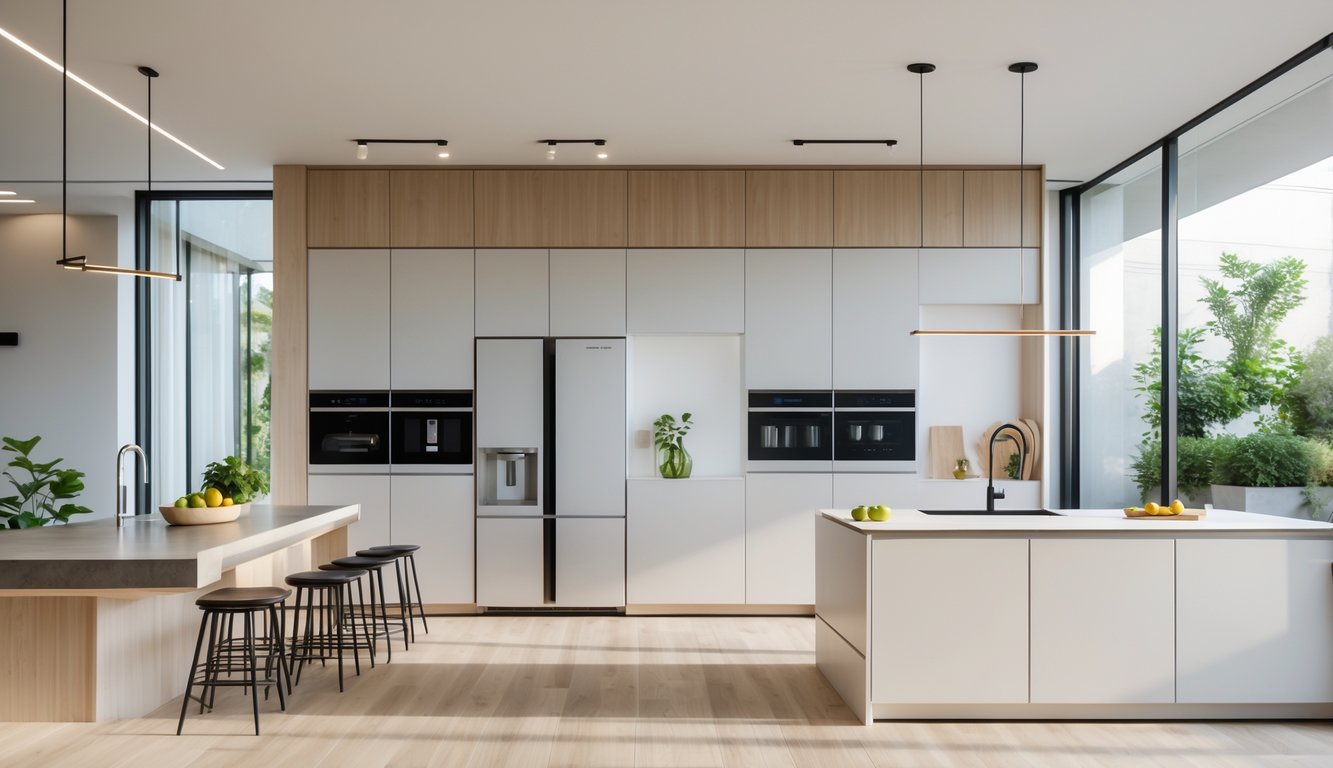 Dapur terbuka modern dengan meja pulau besar, peralatan dapur canggih, dan jendela besar yang menerangi ruangan.