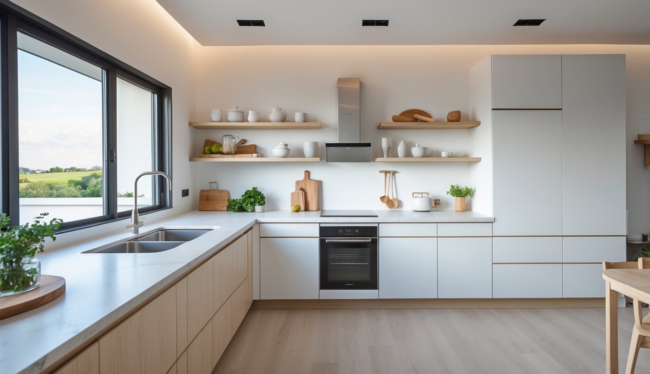 Dapur rumah sederhana dengan meja kayu, rak terbuka, peralatan dapur modern, dan pencahayaan alami.