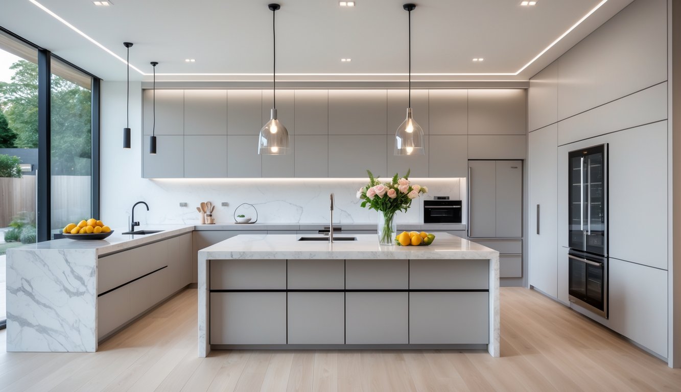 Dapur modern dengan pulau dapur besar, peralatan stainless steel, dan jendela besar yang menerangi ruangan.