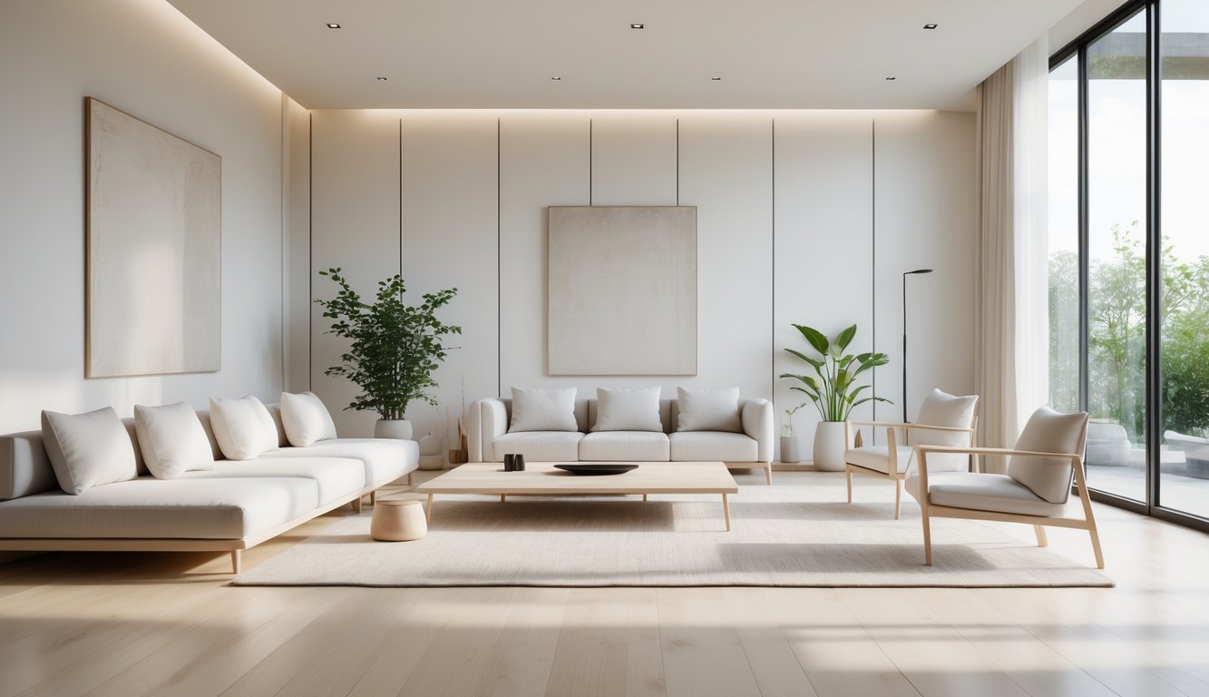 Ruang tamu dengan dekorasi interior minimalis, menampilkan sofa, meja kopi, kursi, tanaman hias, dan jendela besar yang menerangi ruangan.