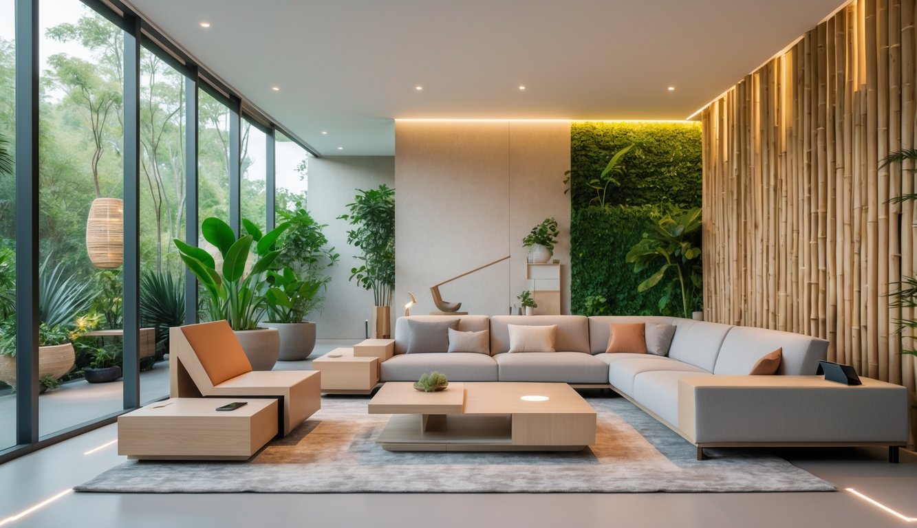 Ruang tamu modern dengan jendela besar, tanaman hijau, dan furnitur minimalis yang nyaman.