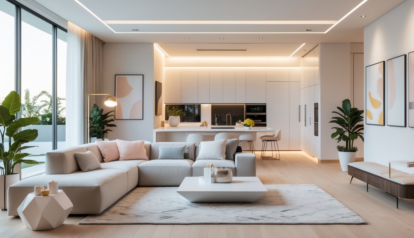 Ruang tamu luas dengan furnitur modern, jendela besar, tanaman hias, dan dapur terbuka di latar belakang.