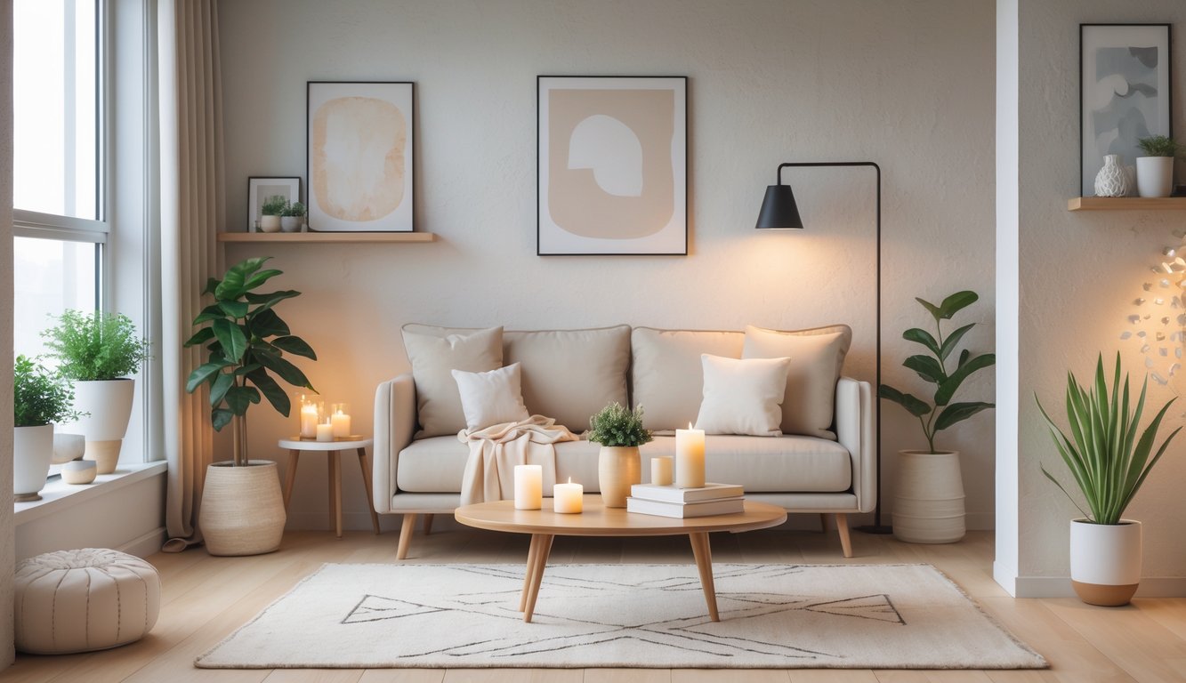 Interior ruang tamu rumah dengan sofa, meja kopi, tanaman hias, dan jendela besar yang menerangi ruangan.