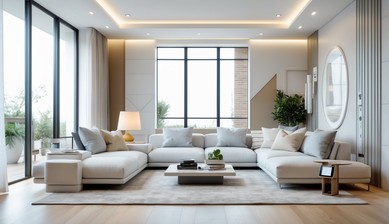 Ruang tamu dengan sofa besar, meja kopi, jendela besar, dan dekorasi modern.