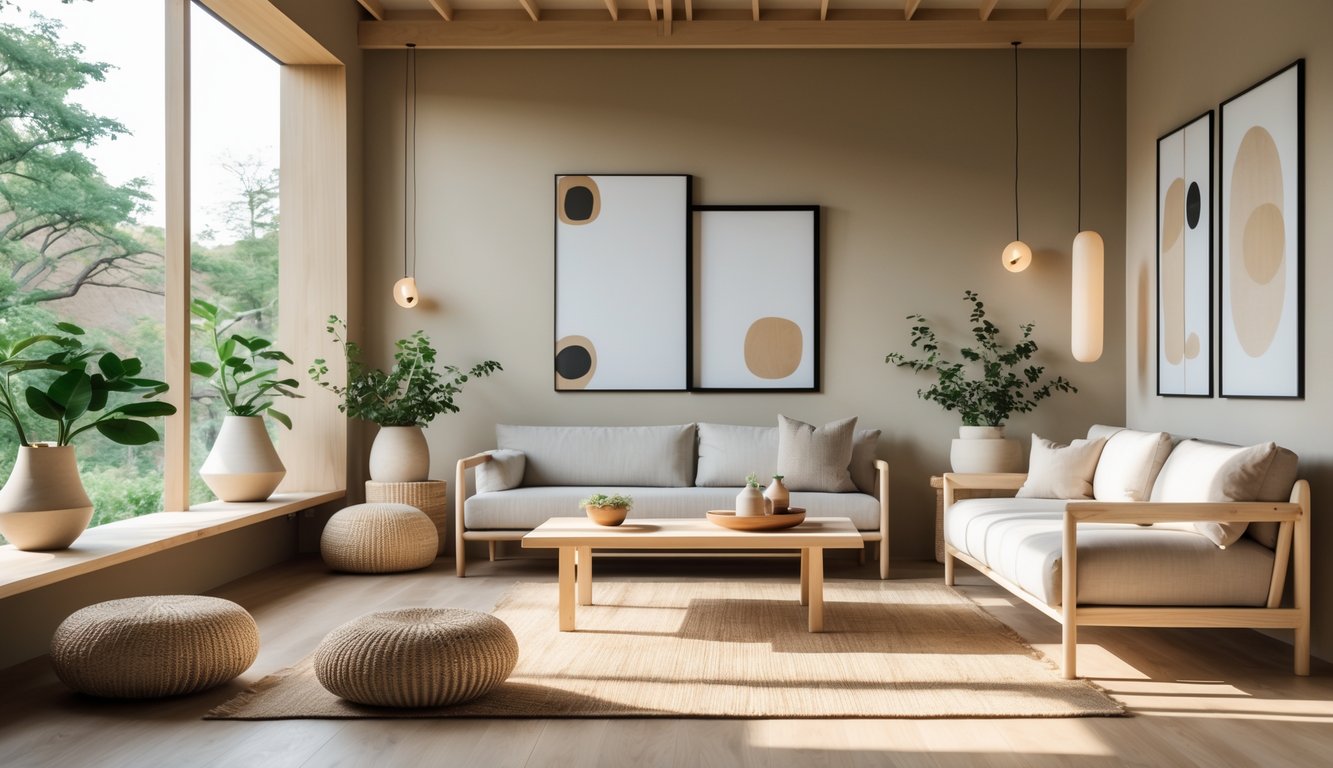 Ruang tamu dengan perabot kayu terang, sofa netral, tanaman hijau, dan pencahayaan alami yang lembut.