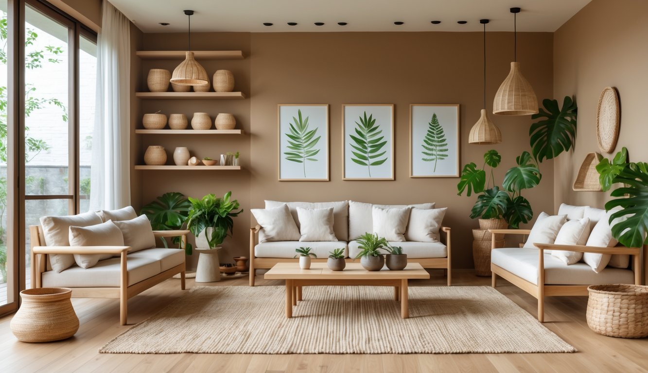 Ruang tamu dengan furnitur kayu, tanaman hijau, dan pencahayaan alami yang terang.