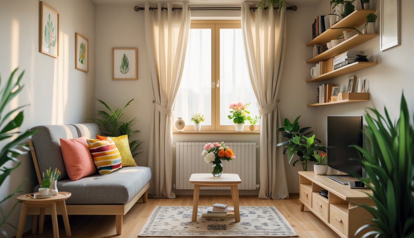 Interior rumah kecil yang rapi dengan sofa, meja kopi, rak buku, tanaman hias, dan cahaya alami masuk melalui jendela.