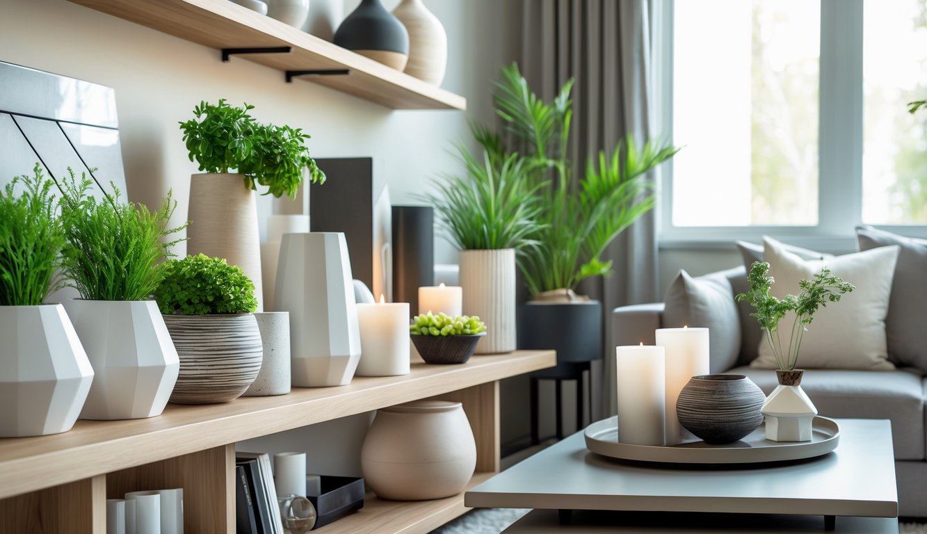 Beberapa aksesoris dekorasi interior kekinian seperti vas keramik, pot tanaman geometris, dan lilin hias yang tersusun rapi di rak kayu dan meja kopi di ruang tamu yang terang.