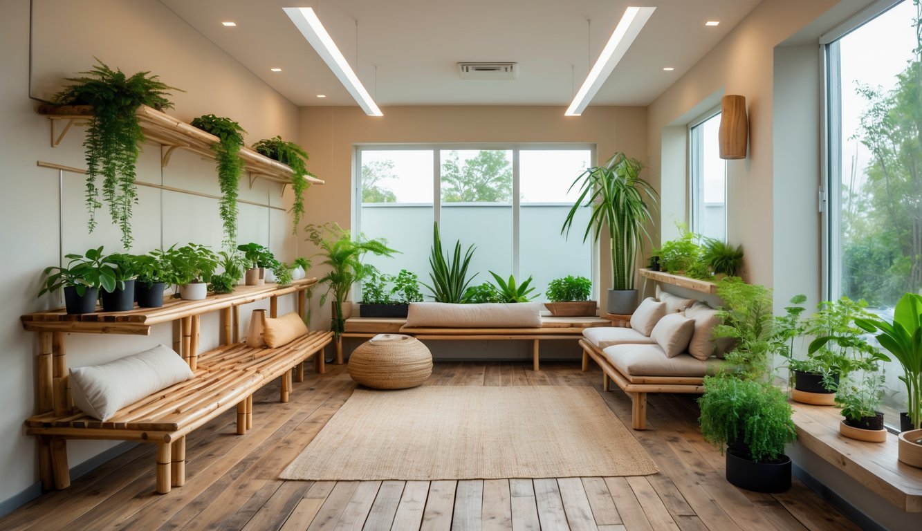 Ruangan dengan dekorasi interior ramah lingkungan tahun 2025, menampilkan tanaman dalam ruangan, furnitur bambu, dan cahaya alami dari jendela besar.