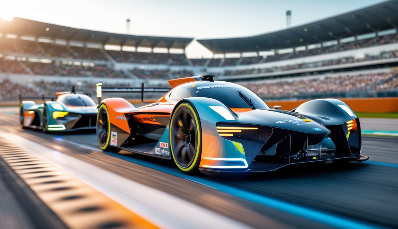 Balapan mobil futuristik dengan mobil-mobil cepat di lintasan balap modern dan penonton di stadion.