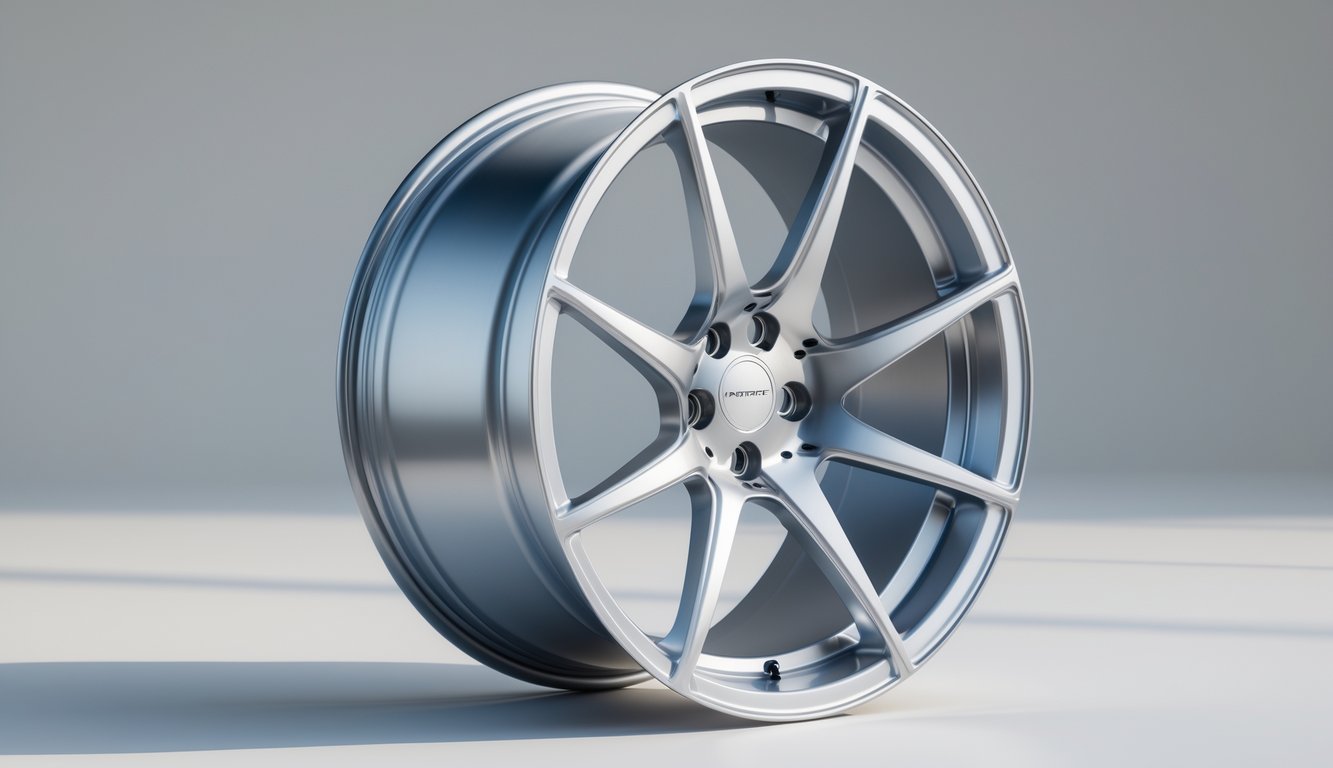 Foto close-up roda alloy premium untuk kendaraan dengan latar belakang polos.