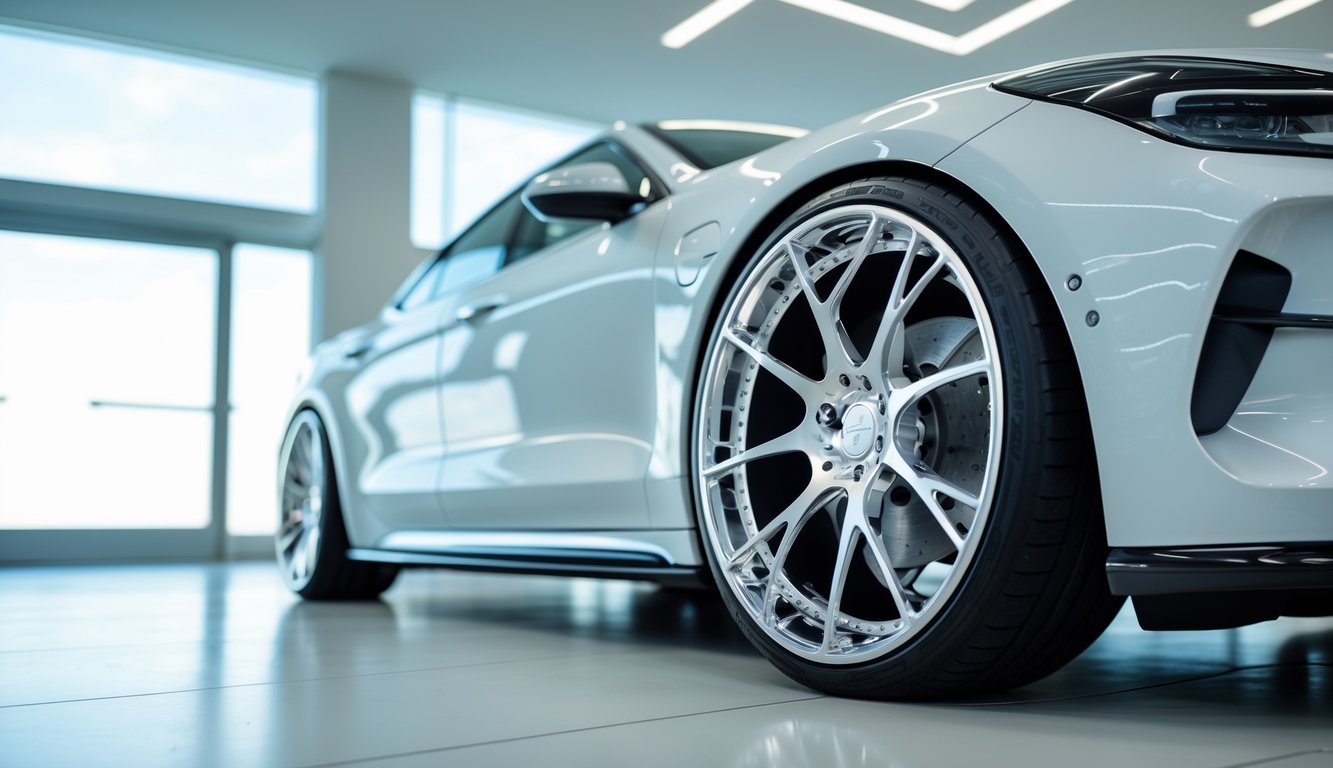 Mobil modern dengan velg aftermarket bergaya futuristik di dalam ruang pamer yang terang.