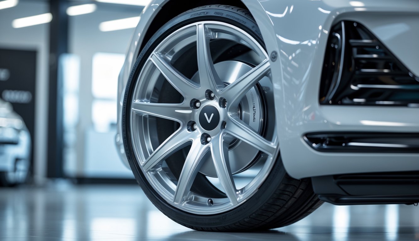 Foto close-up sebuah velg mobil modern yang dipajang di showroom mobil.