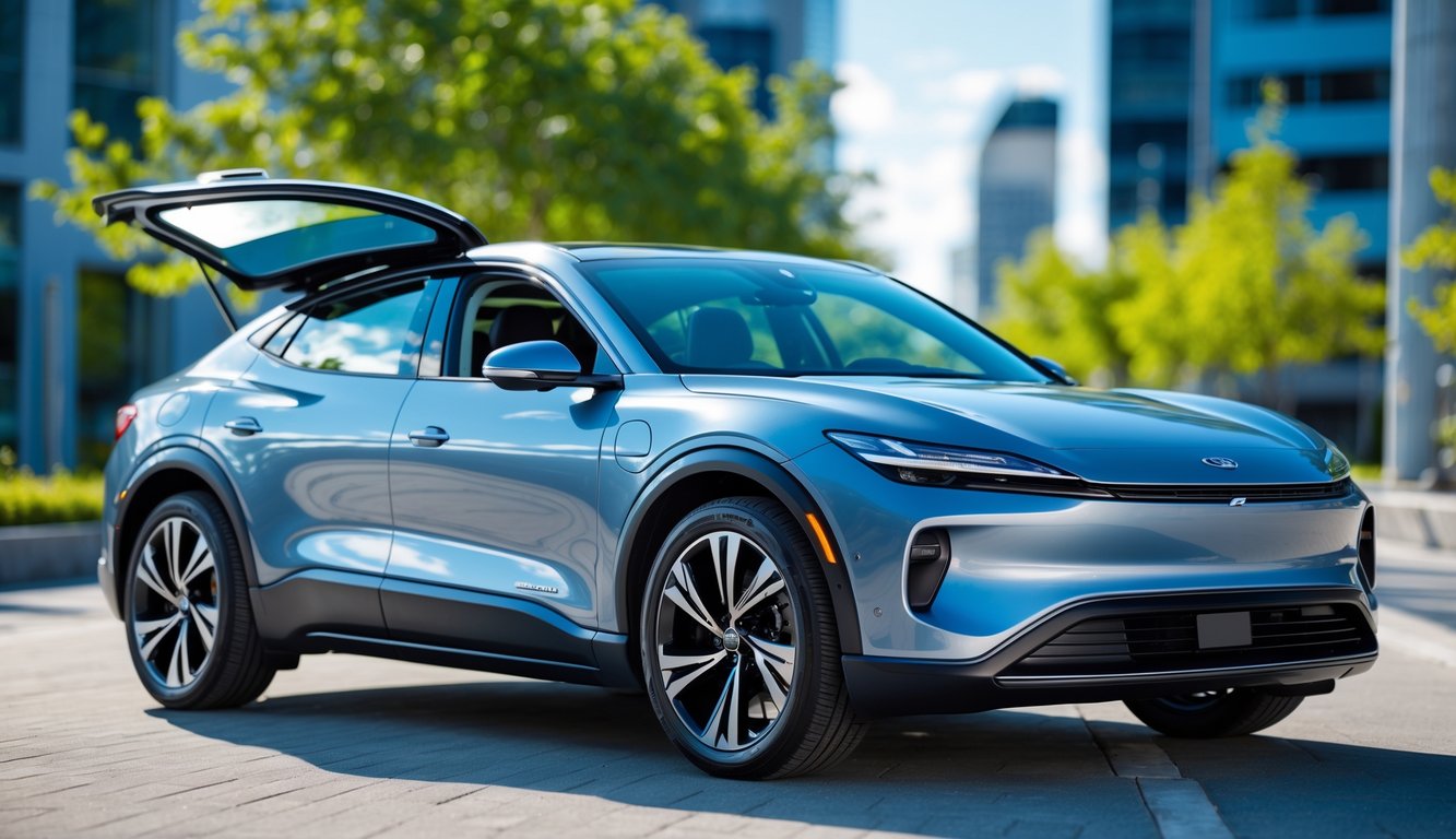 Mobil terbaru tahun 2025 dengan sunroof terbuka di latar kota modern.