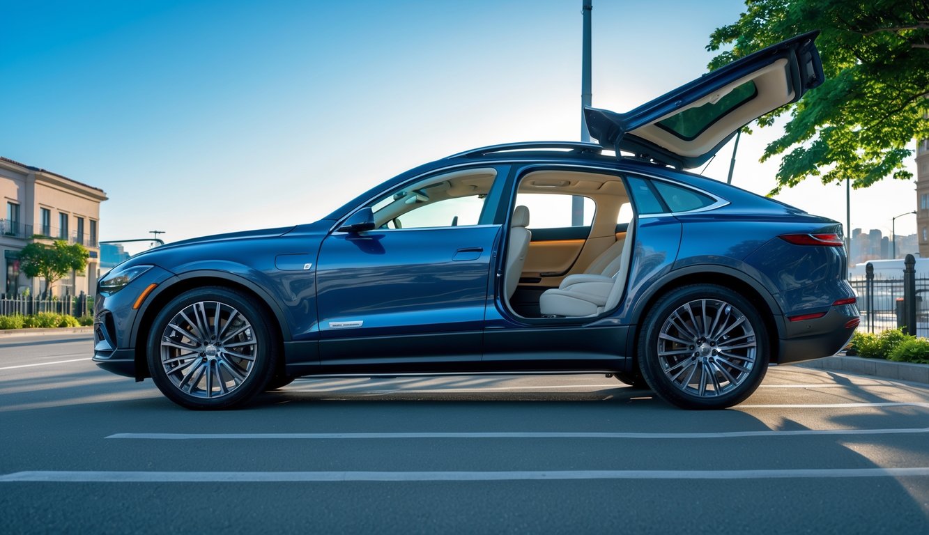 Mobil mewah dengan sunroof terbuka di jalan kota yang cerah